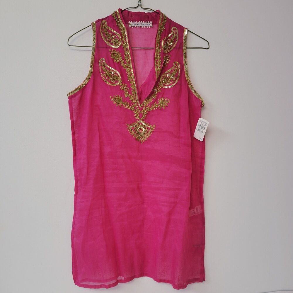 Neiman Marcus Pink Sheer Cotton Beach Tunic Cover Up Gold Embellished NWT - Picture 13 of 14